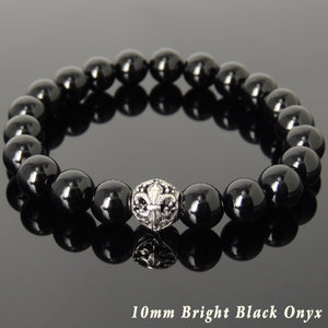 10mm Bright Black Onyx Healing Gemstone Bracelet with S925 Sterling Silver Floral Fleur de Lis Bead - Handmade by Gem & Silver BR986