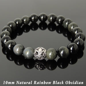 10mm Rainbow Black Obsidian Healing Gemstone Bracelet with S925 Sterling Silver Floral Fleur de Lis Bead - Handmade by Gem & Silver BR988