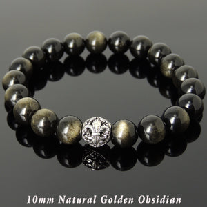 10mm Golden Obsidian Healing Gemstone Bracelet with S925 Sterling Silver Floral Fleur de Lis Bead - Handmade by Gem & Silver BR989