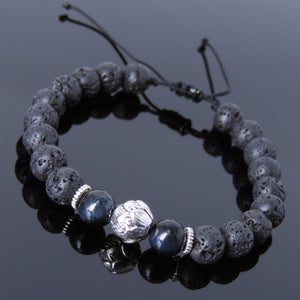 8mm Blue Tiger Eye & Lava Rock Adjustable Braided Stone Bracelet with Tibetan Silver Lotus Bead - Handmade by Gem & Silver TSB262