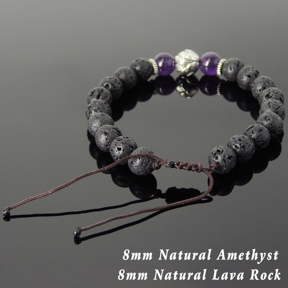Amethyst & Lava Rock Adjustable Braided Gemstone Bracelet with Tibetan Silver Lotus Bead - Handmade by Gem & Silver TSB263