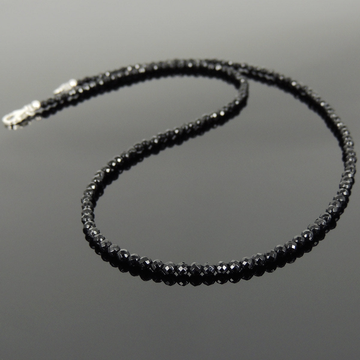 3mm Faceted Bright Black Onyx Healing Gemstone Necklace with S925 Sterling Silver Spacer Beads & Clasp - Handmade by Gem & Silver NK136