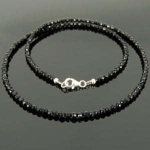3mm Faceted Bright Black Onyx Healing Gemstone Necklace with S925 Sterling Silver Spacer Beads & Clasp - Handmade by Gem & Silver NK136