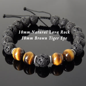 10mm Brown Tiger Eye & Lava Rock Adjustable Braided Stone Bracelet with Tibetan Silver Spacers - Handmade by Gem & Silver TSB269