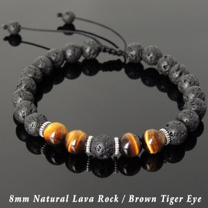 8mm Brown Tiger Eye & Lava Rock Adjustable Braided Stone Bracelet with Tibetan Silver Spacers - Handmade by Gem & Silver TSB272