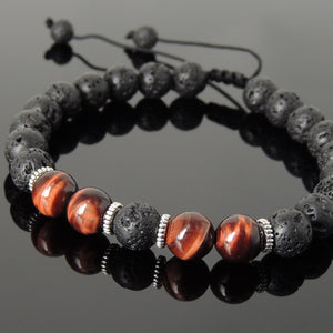 8mm Red Tiger Eye & Lava Rock Adjustable Braided Stone Bracelet with Tibetan Silver Spacers - Handmade by Gem & Silver TSB273