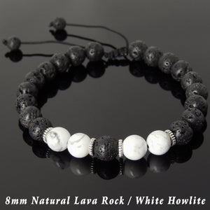 8mm White Howlite & Lava Rock Adjustable Braided Stone Bracelet with Tibetan Silver Spacers - Handmade by Gem & Silver TSB275