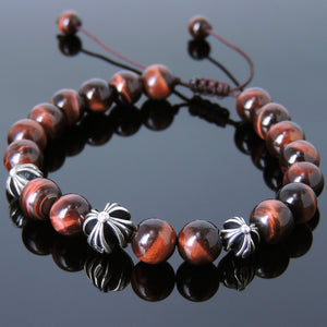 Red Tiger Eye Adjustable Braided Gemstone Bracelet with S925 Sterling Silver Holy Trinity Cross Beads - Handmade by Gem & Silver BR839