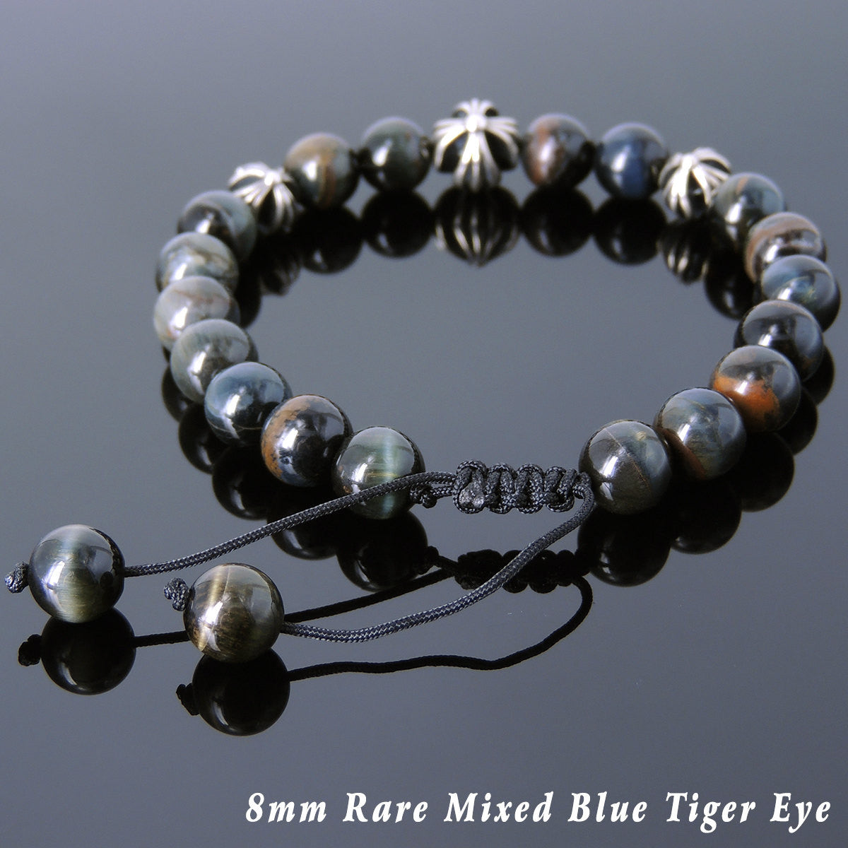 Rare Mixed Blue Tiger Eye Adjustable Braided Gemstone Bracelet with S925 Sterling Silver Holy Trinity Cross Beads - Handmade by Gem & Silver BR840