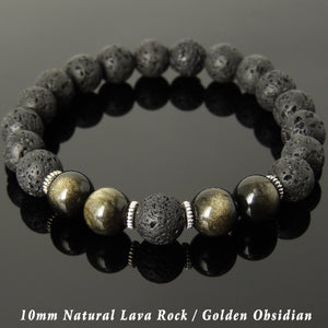 10mm Golden Obsidian & Lava Rock Healing Stone Bracelet with Tibetan Silver Spacers - Handmade by Gem & Silver TSB284