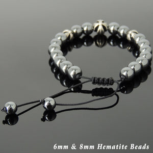Hematite Adjustable Braided Gemstone Bracelet with S925 Sterling Silver Holy Trinity Cross Beads - Handmade by Gem & Silver BR846
