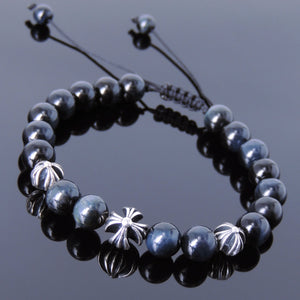 Blue Tiger Eye Adjustable Braided Gemstone Bracelet with S925 Sterling Silver Holy Trinity Cross Beads - Handmade by Gem & Silver BR848
