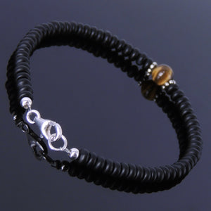 Brown Tiger Eye & Rondelle Matte Black Onyx Healing Gemstone Bracelet with S925 Sterling Silver Spacer Beads & Clasp - Handmade by Gem & Silver BR125