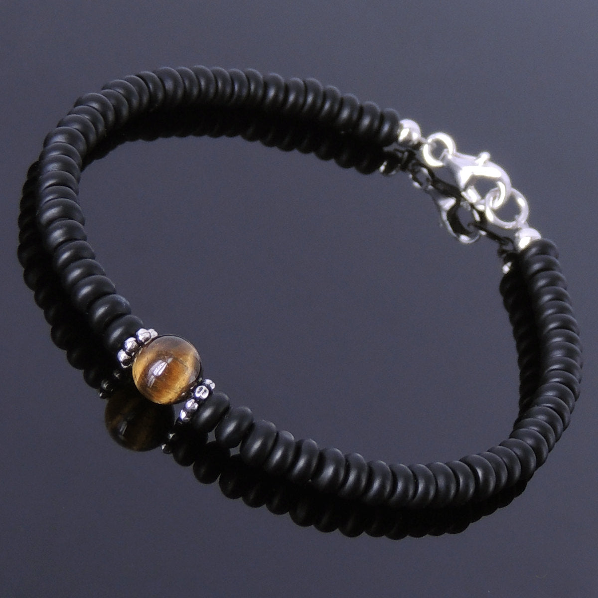 Brown Tiger Eye & Rondelle Matte Black Onyx Healing Gemstone Bracelet with S925 Sterling Silver Spacer Beads & Clasp - Handmade by Gem & Silver BR125