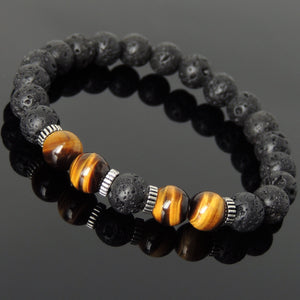 8mm Brown Tiger Eye & Lava Rock Healing Stone Bracelet with S925 Sterling Silver Spacers - Handmade by Gem & Silver BR1000
