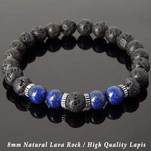 8mm Lapis Lazuli & Lava Rock Healing Stone Bracelet with S925 Sterling Silver Spacers - Handmade by Gem & Silver BR1005