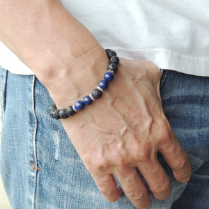 8mm Lapis Lazuli & Lava Rock Healing Stone Bracelet with S925 Sterling Silver Spacers - Handmade by Gem & Silver BR1005