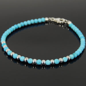 3mm Enhanced Turquoise Healing Gemstone Bracelet with S925 Sterling Silver 3mm Round Spacer Beads & Clasp - Handmade by Gem & Silver BR883