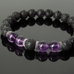 8mm Grade AAA Amethyst & Lava Rock Healing Stone Bracelet with S925 Sterling Silver Spacers - Handmade by Gem & Silver BR1010