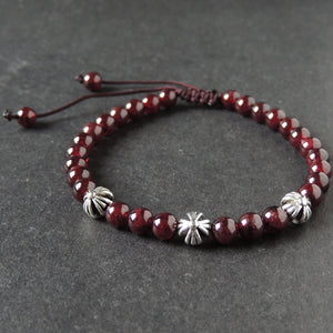 5.5mm Garnet Adjustable Braided Gemstone Bracelet with Tibetan Silver Cross Beads - Handmade by Gem & Silver TSB287