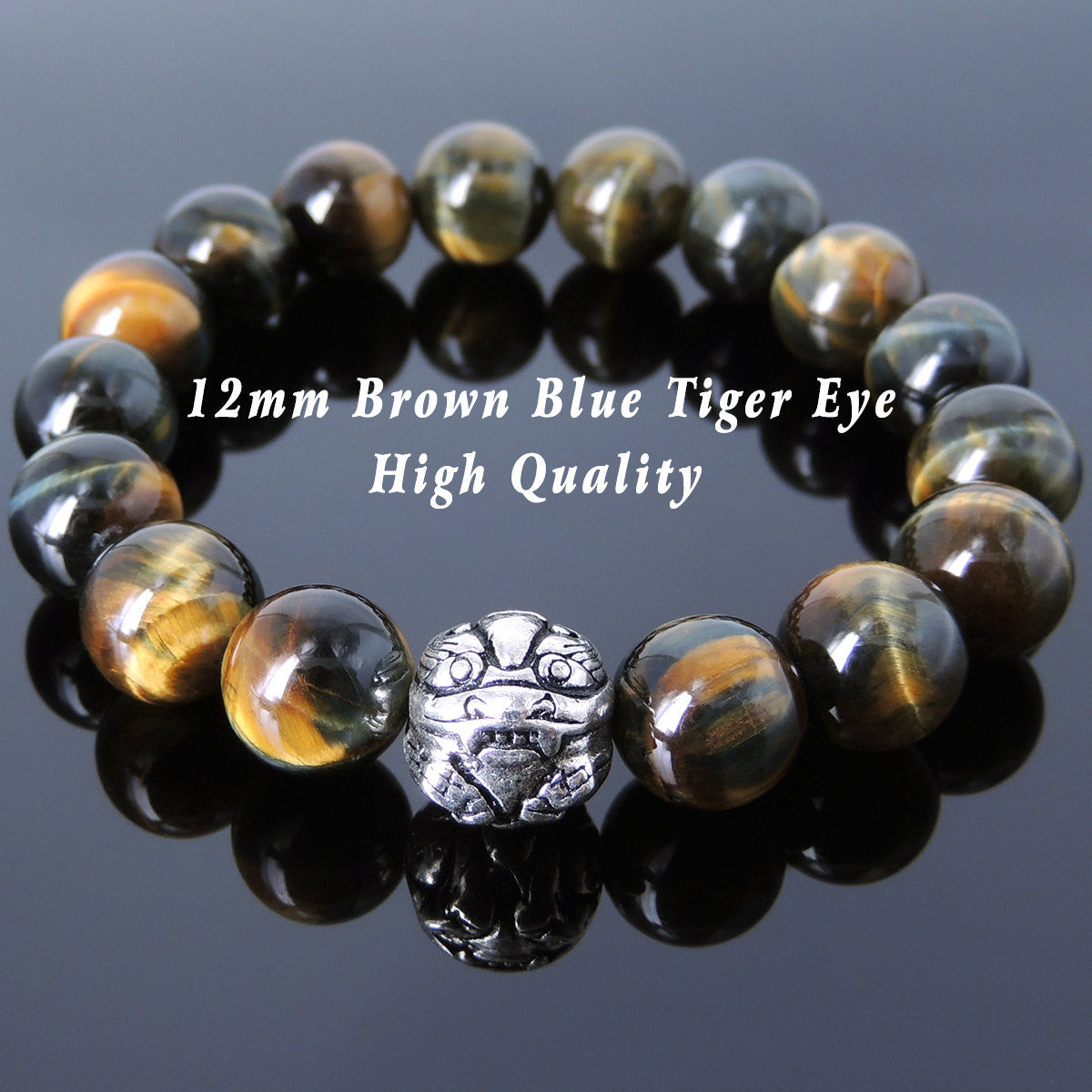12mm Brown Blue Tiger Eye Healing Gemstone Bracelet with S925 Sterling Silver Asian Brave Troop Bead - Handmade by Gem & Silver BR885