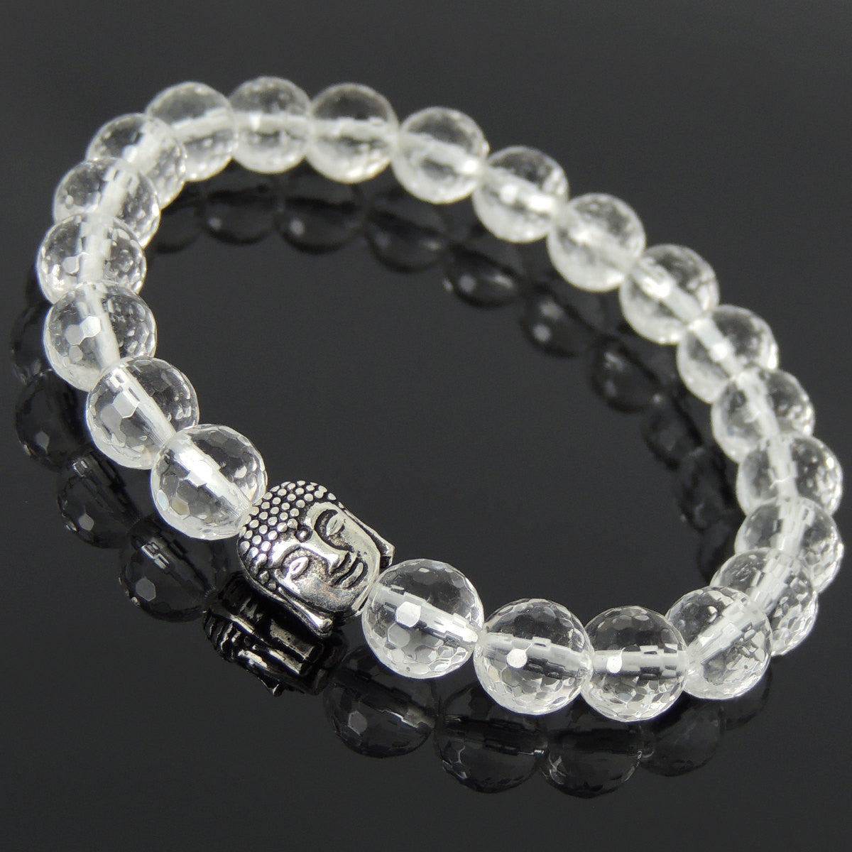 8mm Faceted White Crystal Quartz Healing Gemstone Bracelet with S925 Sterling Silver Guanyin Buddha Bead- Handmade by Gem & Silver BR886