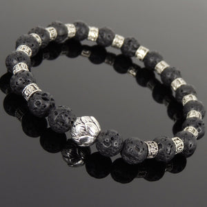 8mm Lava Rock Healing Stone Bracelet with Tibetan Silver Lotus Bead & OM Meditation Spacer Beads - Handmade by Gem & Silver TSB296