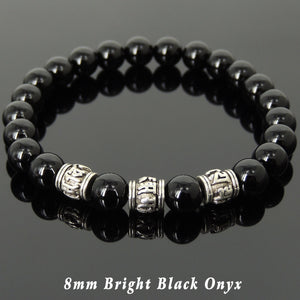 8mm Bright Black Onyx Healing Gemstone Bracelet with Tibetan Silver OM Meditation Cylinder Beads - Handmade by Gem & Silver TSB297