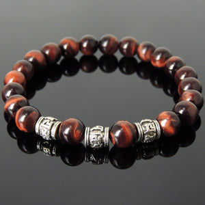 8mm Red Tiger Eye Healing Gemstone Bracelet with Tibetan Silver OM Meditation Cylinder Beads - Handmade by Gem & Silver TSB299