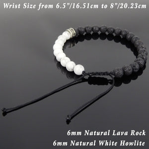 White Howlite & Lava Rock Adjustable Braided Gemstone Bracelet with S925 Sterling Silver Cross Spacers - Handmade by Gem & Silver BR892