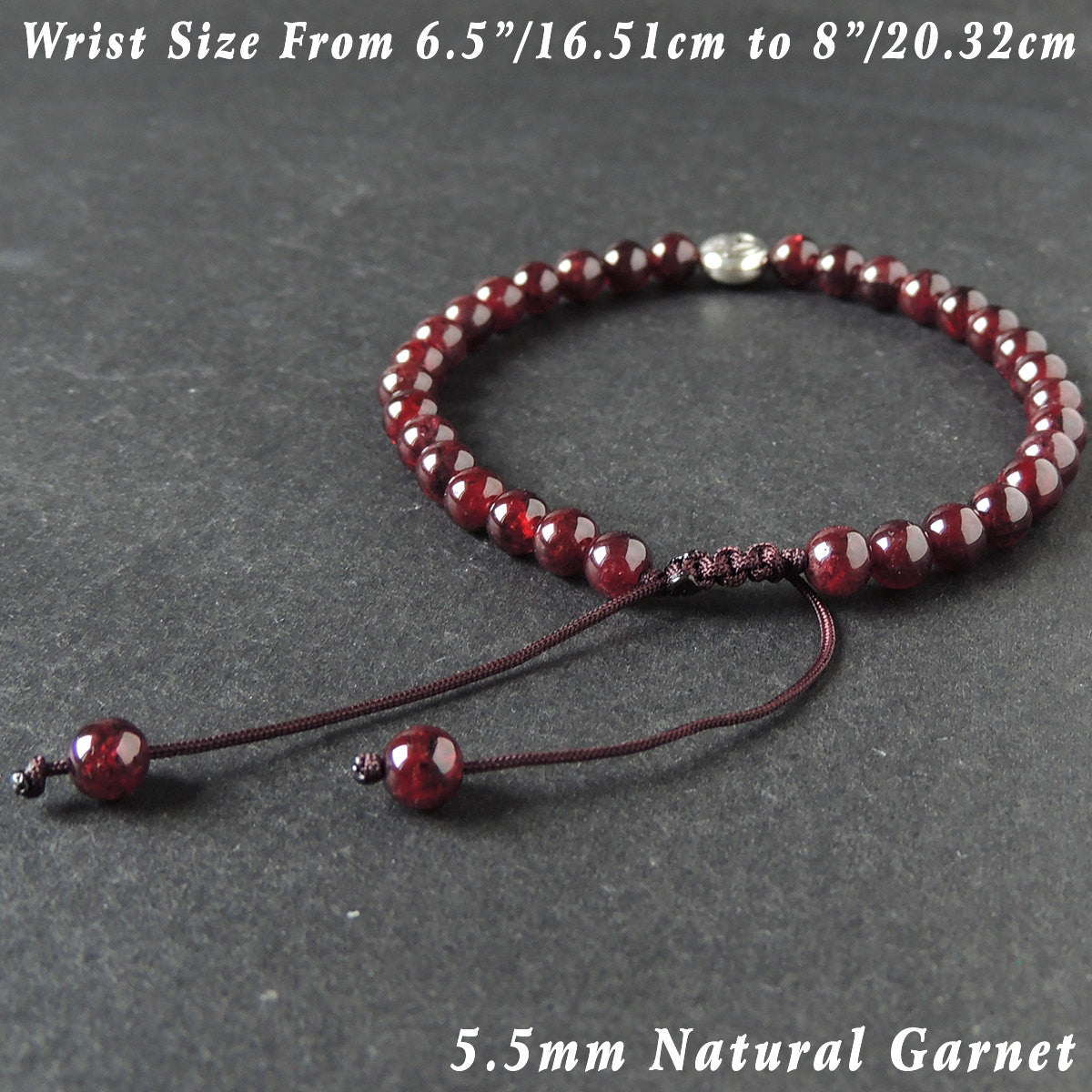 5.5mm Grade AAA Garnet Adjustable Braided Bracelet with Tibetan Silver Round Lotus Emblem Bead - Handmade by Gem & Silver TSB293