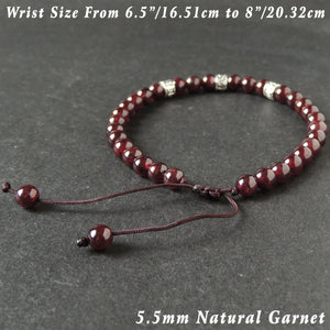 5.5mm Grade AAA Garnet Adjustable Braided Bracelet with Tibetan Silver OM Buddhism Spacers - Handmade by Gem & Silver TSB294
