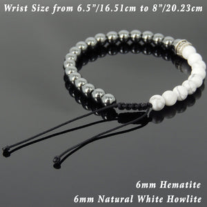 6mm Hematite & White Howlite Adjustable Braided Gemstone Bracelet with Genuine S925 Sterling Silver Cross Spacer Bead- Handmade by Gem & Silver BR895