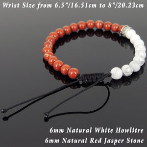 6mm Red Jasper & White Howlite Adjustable Braided Gemstone Bracelet with Genuine S925 Sterling Silver Cross Spacer Bead- Handmade by Gem & Silver BR900
