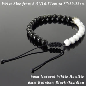6mm Rainbow Black Obsidian & White Howlite Adjustable Braided Gemstone Bracelet with Genuine S925 Sterling Silver Cross Spacer Bead- Handmade by Gem & Silver BR902