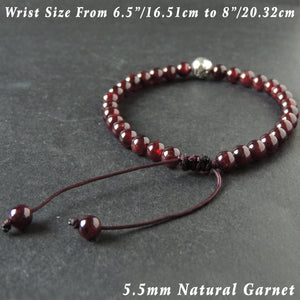 5.5mm Natural Garnet Adjustable Braided Gemstone Bracelet with S925 Sterling Silver OM Emblem Bead - Handmade by Gem & Silver BR1019