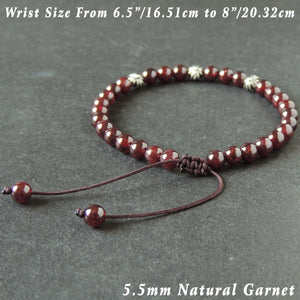 5.5mm Grade AAA Garnet Adjustable Braided Gemstone Bracelet with S925 Sterling Silver Tiny Cross Beads - Handmade by Gem & Silver BR1024