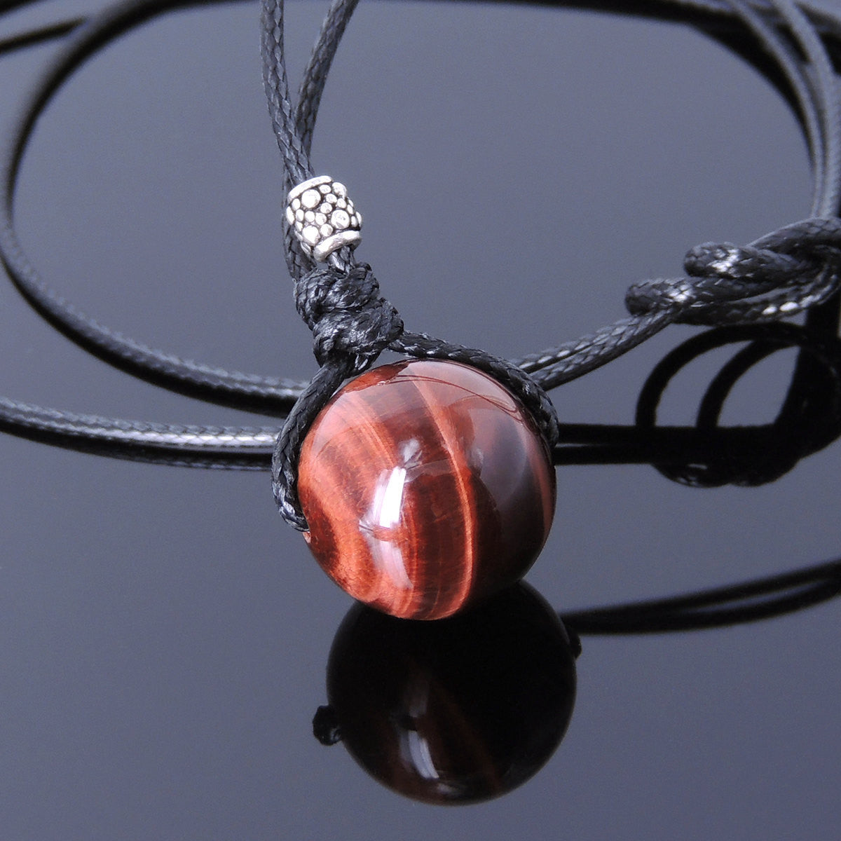 14mm Red Tiger Eye Adjustable Wax Rope Necklace with S925 Sterling Silver Barrel Bead - Handmade by Gem & Silver NK149