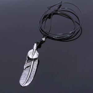 Adjustable Wax Rope Necklace with S925 Sterling Silver Barrel Bead & 3D Feather Pendant - Handmade by Gem & Silver NK051