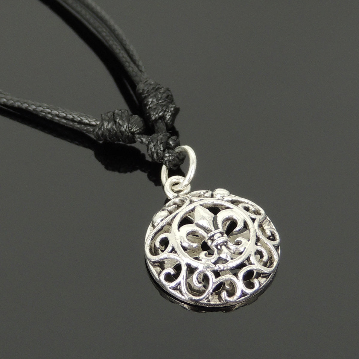 Adjustable Wax Rope Necklace with S925 Sterling Silver Fleur de Lis Sand Dollar Pendant - Handmade by Gem & Silver NK145