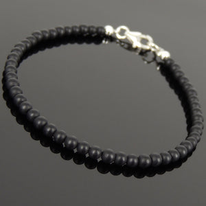 3mm Matte Black Onyx Healing Gemstone Bracelet with S925 Sterling Silver Spacer Beads & Clasp - Handmade by Gem & Silver BR1025
