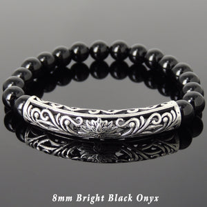 8mm Bright Black Onyx Healing Gemstone Bracelet with S925 Sterling Silver Lotus Charm - Handmade by Gem & Silver BR911