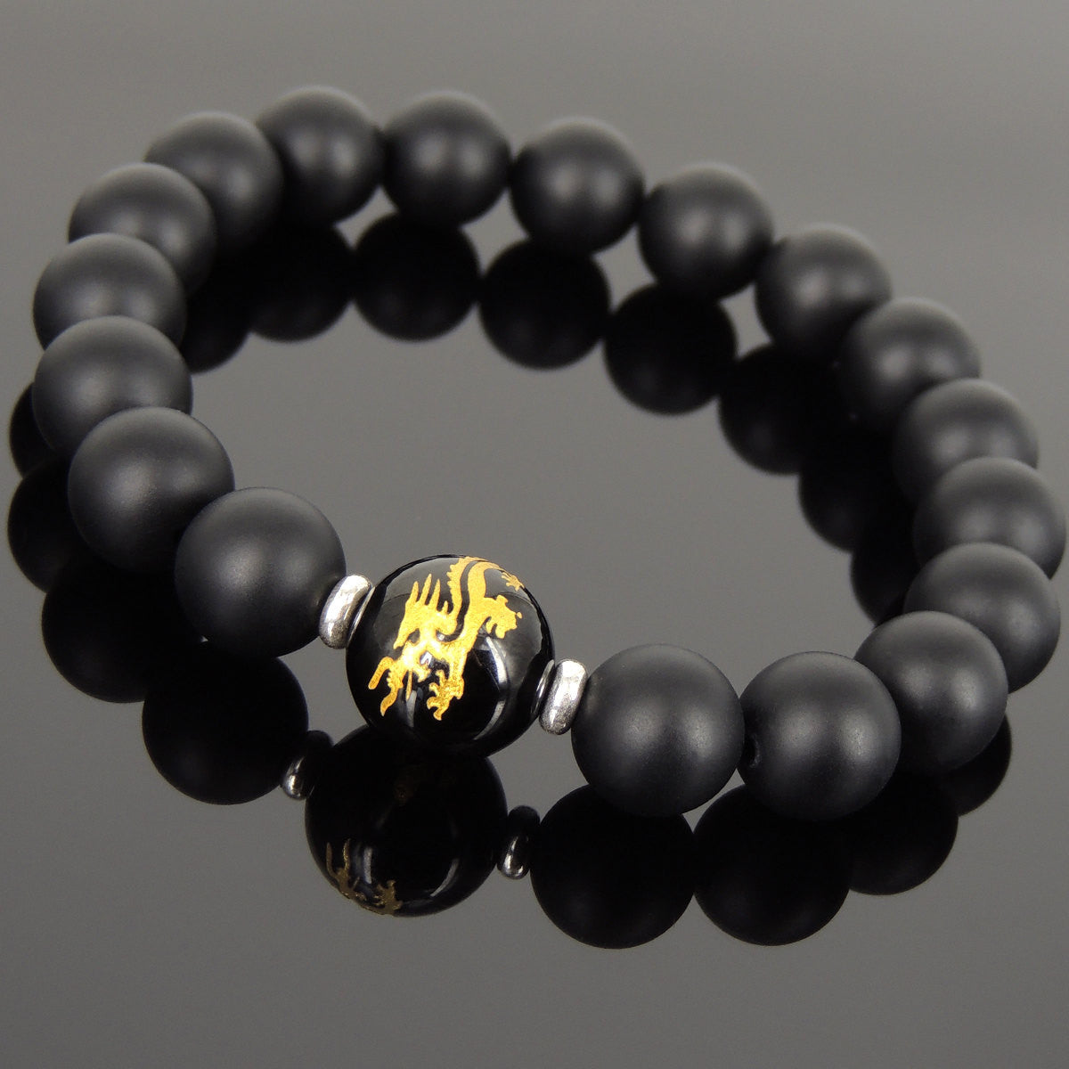 Black Onyx Healing Gemstone Bracelet with Gold Hot Stamped Dragon & Cloud & S925 Sterling Silver Spacers - Handmade by Gem & Silver BR1027