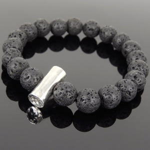 10mm Lava Rock Healing Stone Bracelet with S925 Sterling Silver Seamless Faceted Cylinder Charm - Handmade by Gem & Silver BR1029
