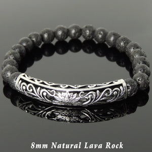 8mm Lava Rock Healing Stone Bracelet with S925 Sterling Silver Lotus Charm - Handmade by Gem & Silver BR1030