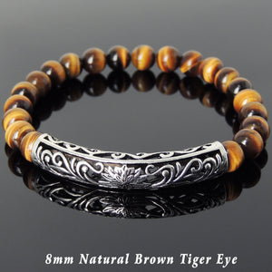 8mm Brown Tiger Eye Healing Gemstone Bracelet with S925 Sterling Silver Lotus Charm - Handmade by Gem & Silver BR1031