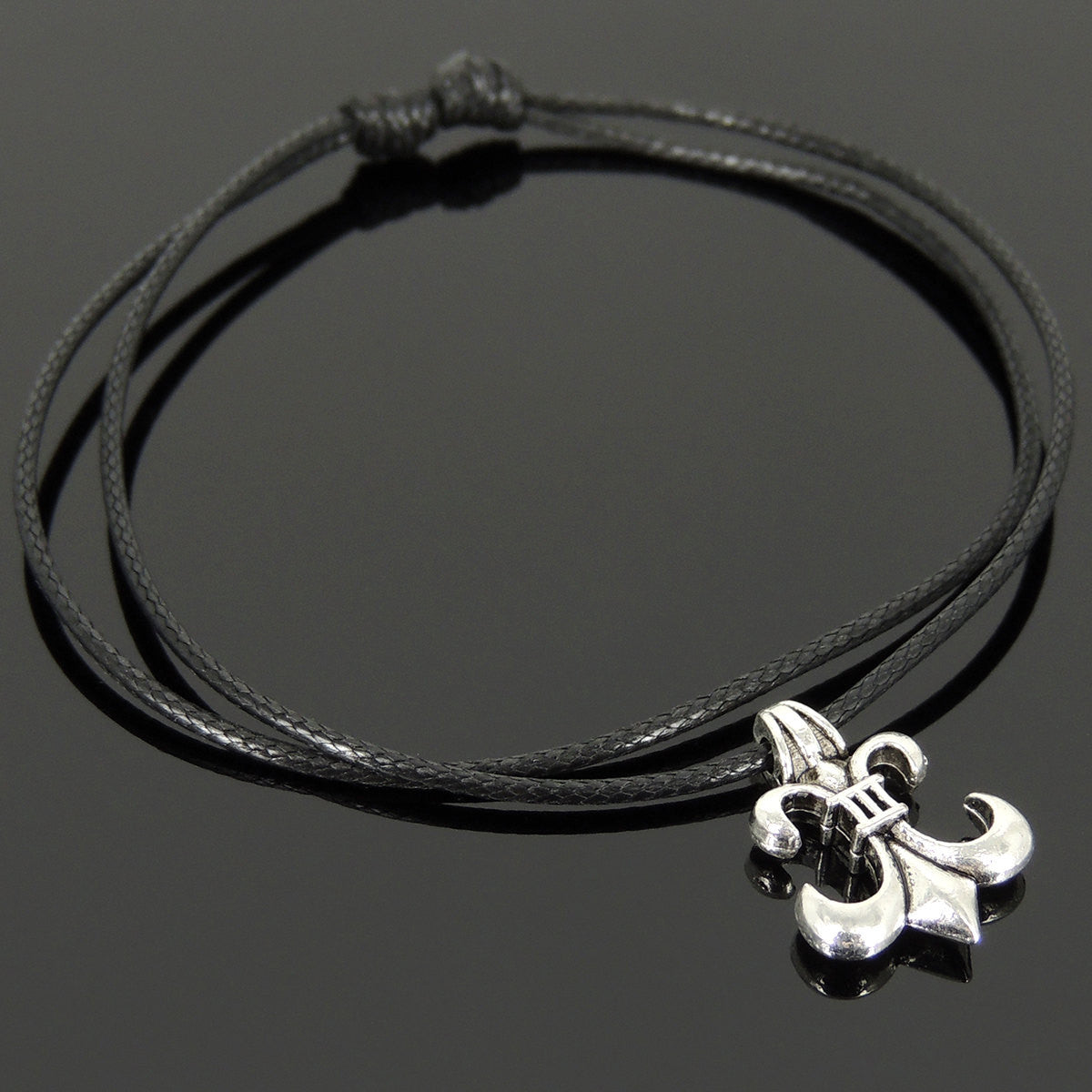 Adjustable Wax Rope Bracelet with Tibetan Silver Vintage Fleur de Lis Pendant - Handmade by Gem & Silver TSB300