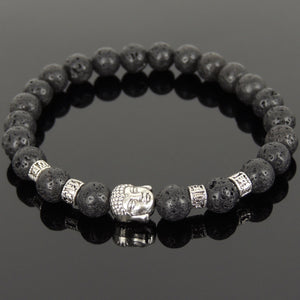 Lava Rock Healing Stone Bracelet with Tibetan Silver Guanyin Buddha & OM Meditation Spacer Beads - Handmade by Gem & Silver TSB304