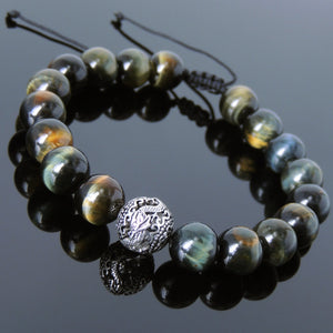 Natural High Quality Brown Blue Tiger Eye Semiprecious Gemstones, Elegantly Carved Dragon Bead, Handmade adjustable bracelet, Symbol of protection, courage, tranquility, strength, love, spirituality, Gemstone jewelry for All Genders, Prayer, Healing, Yoga, Use with Chakra Meditation to increase your energy flow – durable black cords, adjustable braided drawstring, sterling silver S925, includes FREE Jewelry Bag, Sterling Silver Jewelry Cleaning Cloth