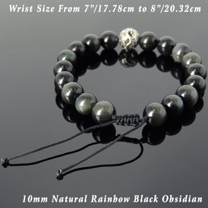 Dragon Glass Healing Rainbow Black Obsidian Gemstones, Elegantly Carved Dragon Bead, Handmade adjustable bracelet, Symbol of protection, courage, tranquility, strength, love, spirituality, Gemstone jewelry for All Genders, Prayer, Healing, Yoga, Use with Chakra Meditation to increase your energy flow – durable black cords, adjustable braided drawstring, sterling silver S925, includes FREE Jewelry Bag, Sterling Silver Jewelry Cleaning Cloth